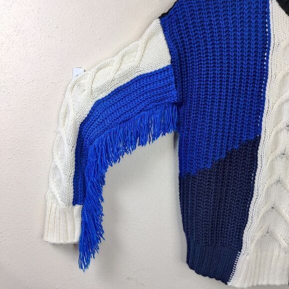 Nwt free Generation Sweater Sz S Fringe Sleeve Color Block Blue Black New - Picture 4 of 14